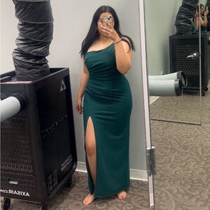 Green special occasion dress

Brand: celebrate db studio 
Polyester/spandex mix